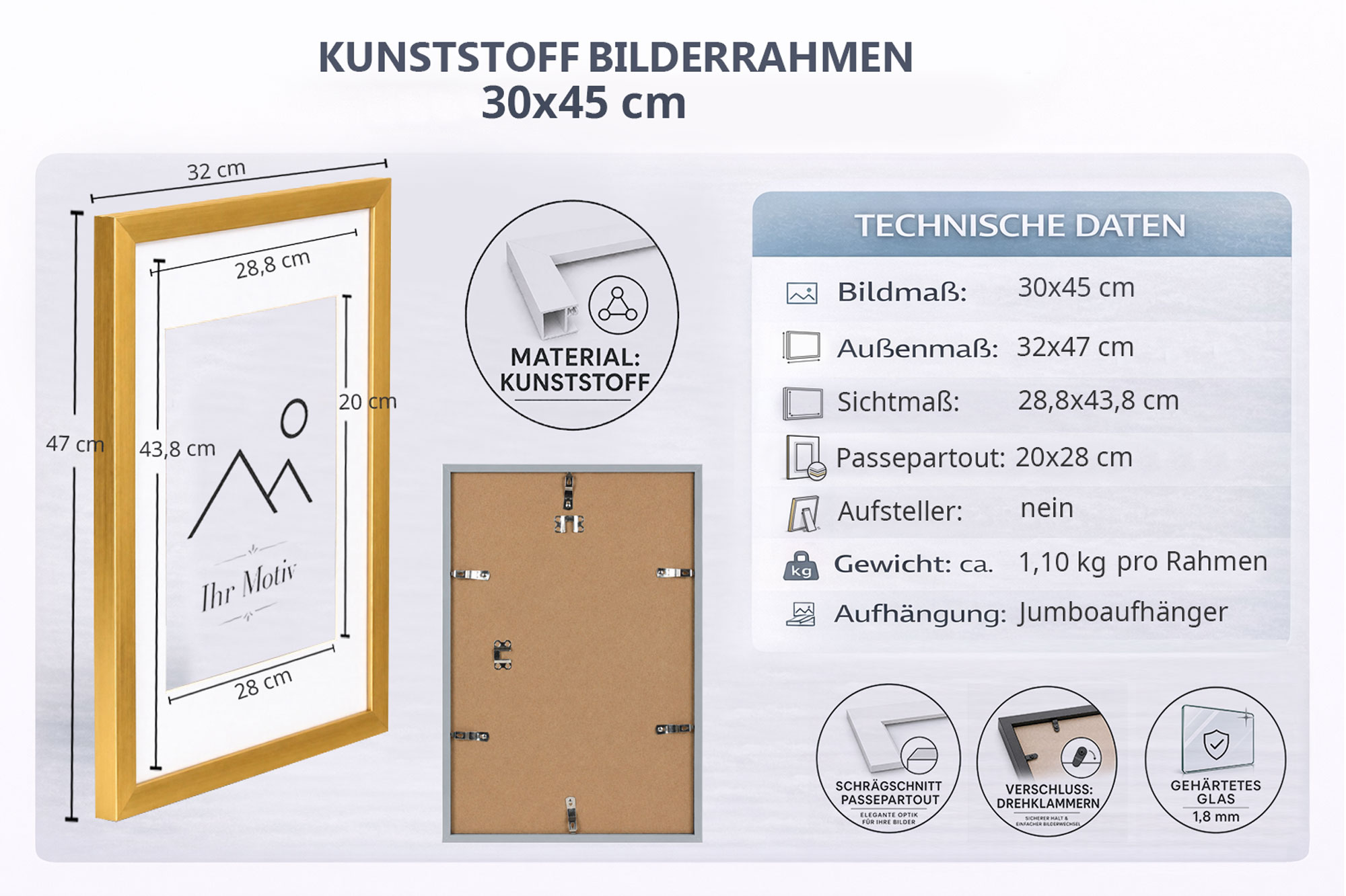 Kunststoff Bilderrahmen Modern Style mit gehärtetem Glas & Passepartout Blockprofil Collage Foto Rahmen Wanddeko für Fotowand - Farbe: Silber | Format: 30x45 | Pack: 5