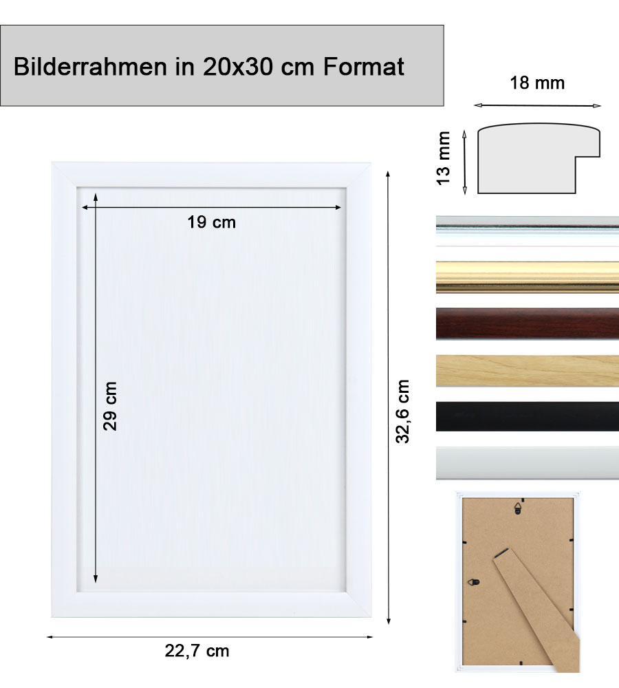 Kunststoffrahmen mit Klarglas Bilderrahmen PS-1 Frame Foto Collage Portraitrahmen Glasscheibe - Farbe: Weiß | Format: 20x30