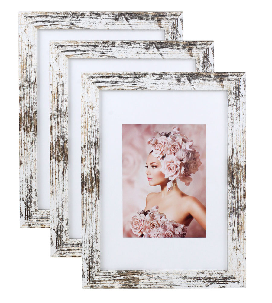Pack Set Holz Bilderrahmen Foto Plexi Rahmen Acryl Collage Wanddeko Poster S215 - Farbe: Shabby-Weiß | Format: 15x20 | Pack: 3