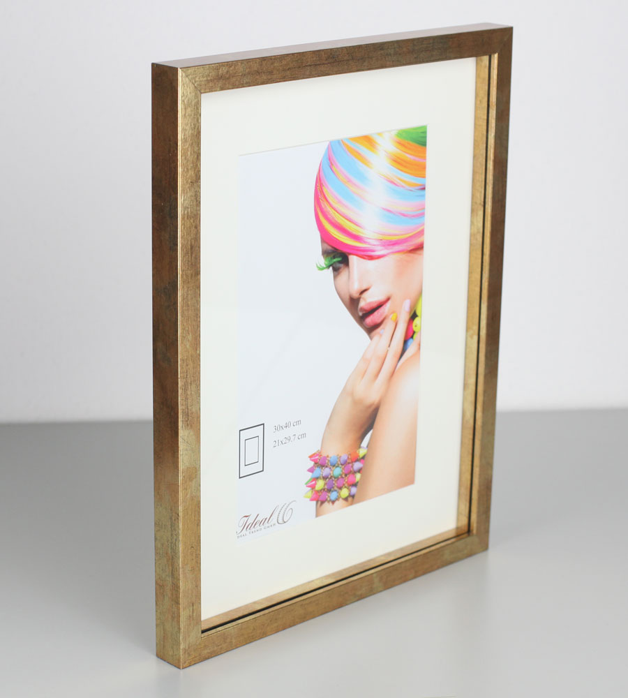 3D Objektrahmen Bilderrahmen mit Passepartout & gehärtetem Glas Holz MDF Rahmen Foto Poster - Farbe: Gold-Antik | Format: 30x40