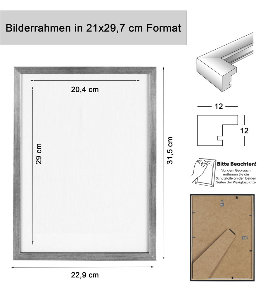 Holz Dokument Bilderrahmen Urkunde Diplom Foto Rahmen Plexi S111 Poster - Farbe: Silber | Format: 21x29,7 A4