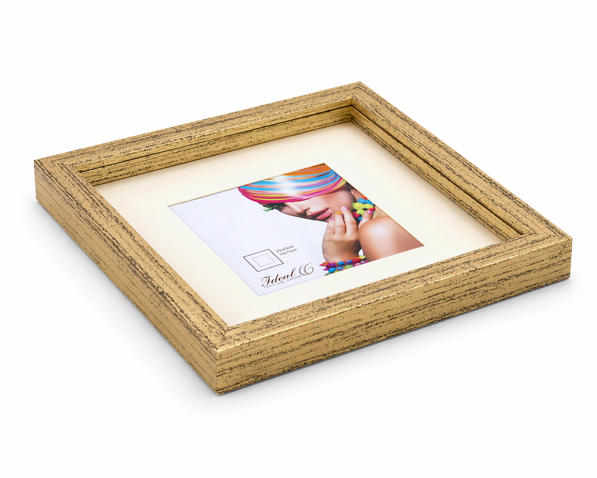 3D Objektrahmen Bilderrahmen mit Passepartout & gehärtetem Glas Holz MDF Rahmen Foto Poster - Farbe: Gold-Antik | Format: 23x23