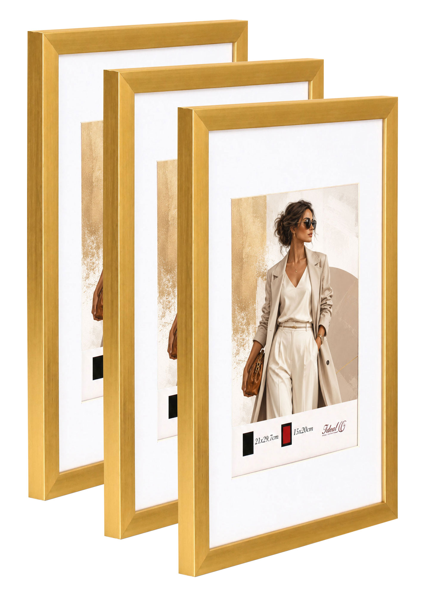 Kunststoff Bilderrahmen Modern Style mit gehärtetem Glas & Passepartout Blockprofil Collage Foto Rahmen Wanddeko für Fotowand - Farbe: Gold | Format: 40x50 | Pack: 3