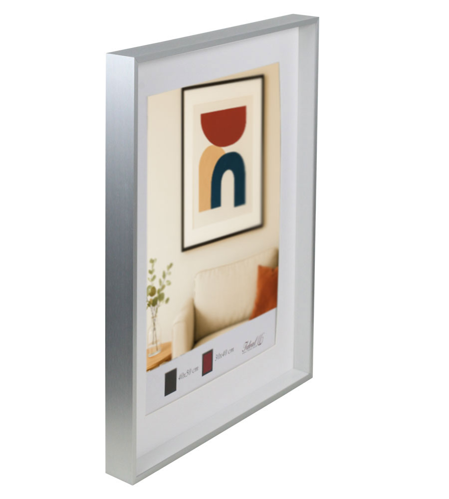 Aluminium Bilderrahmen 3D Rahmen mit Passepartout & gehärtetem Glas Fotorahmen Wandrahmen AL-3 - Farbe: Silber | Format: 40x50