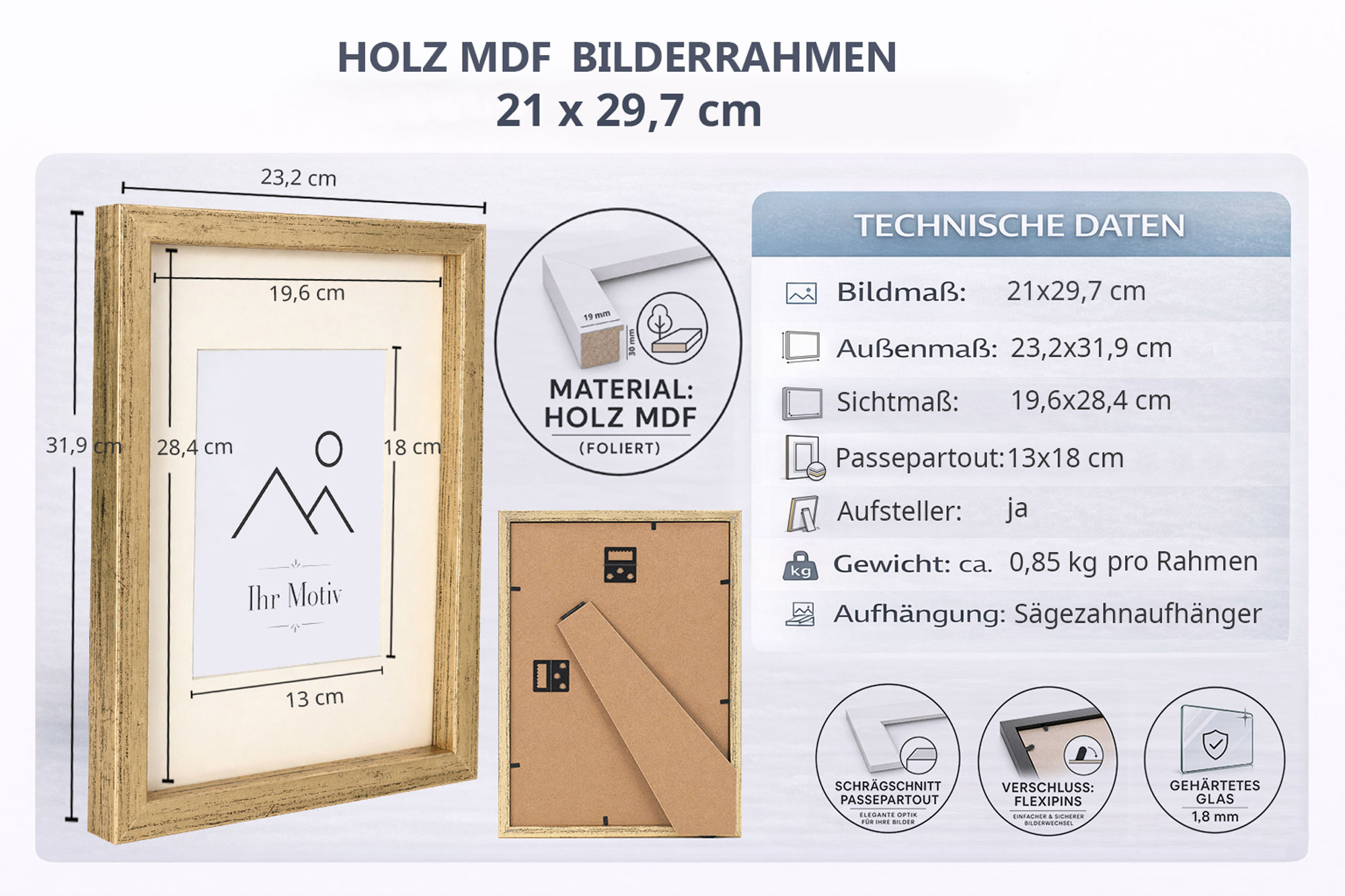3D Objektrahmen Bilderrahmen mit Passepartout & gehärtetem Glas Holz MDF Rahmen Foto Poster - Farbe: Gold-Antik | Format: 21x29,7